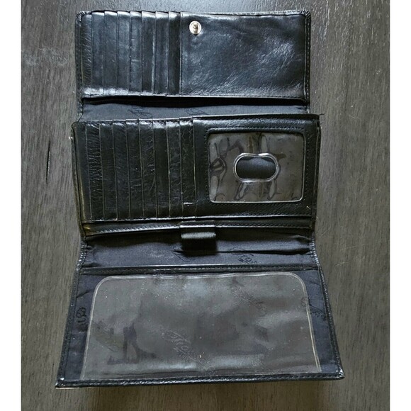FOSSIL Tri Fold Wallet Black Leather Coin Pouch License Window Snap Closure - Picture 2 of 7